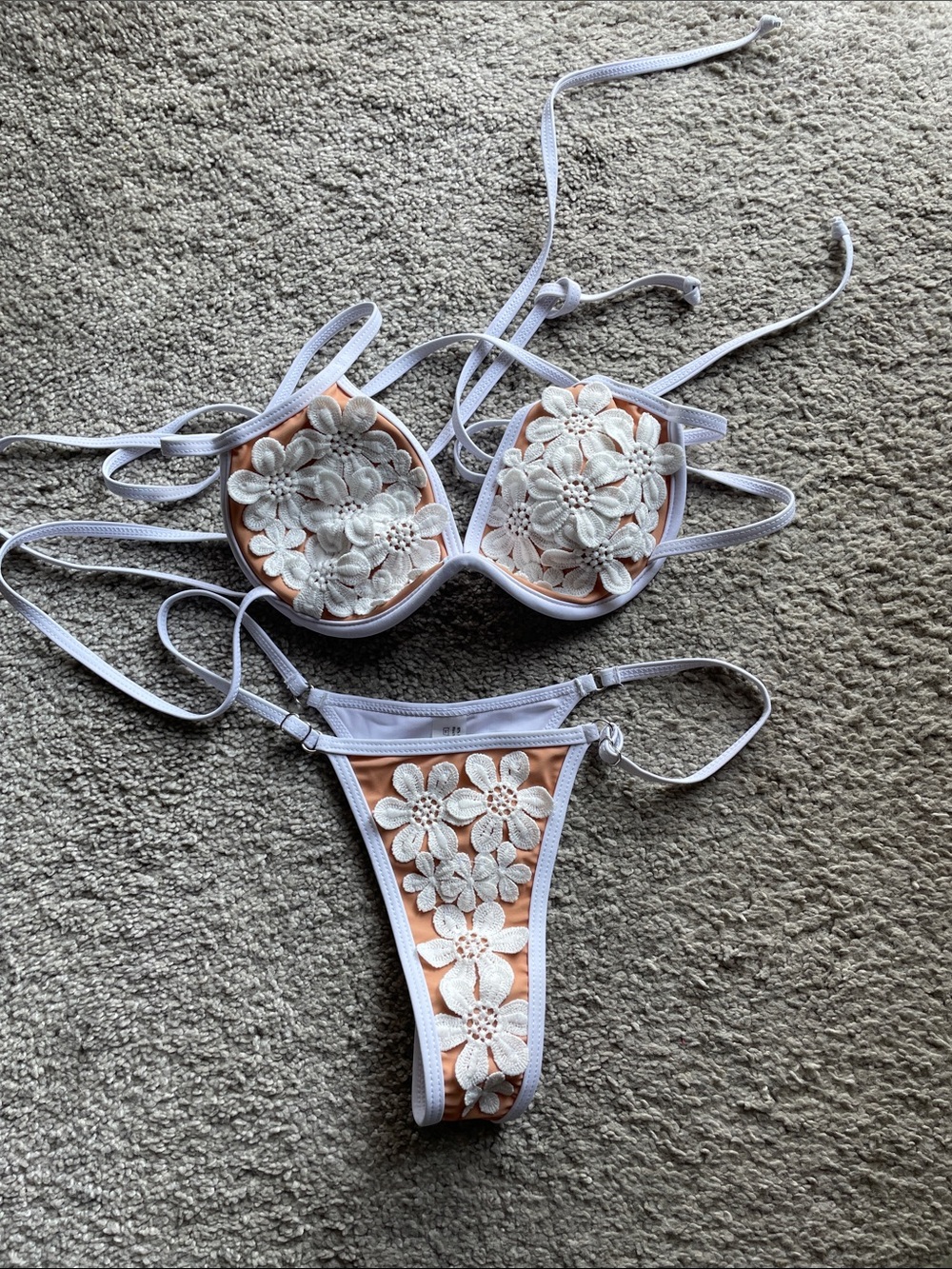 White Floral Bikini Set with Tan Lining